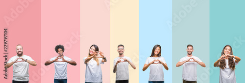 Collage of different ethnics young people wearing white t-shirt over colorful isolated background smiling in love showing heart symbol and shape with hands. Romantic concept.