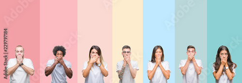Collage of different ethnics young people wearing white t-shirt over colorful isolated background shocked covering mouth with hands for mistake. Secret concept.