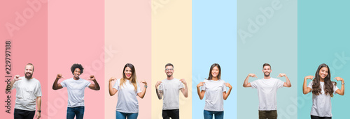 Collage of different ethnics young people wearing white t-shirt over colorful isolated background looking confident with smile on face, pointing oneself with fingers proud and happy. photo