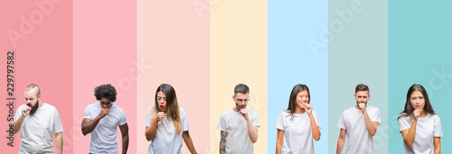 Collage of different ethnics young people wearing white t-shirt over colorful isolated background feeling unwell and coughing as symptom for cold or bronchitis. Healthcare concept.