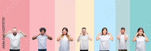 Collage of different ethnics young people wearing white t-shirt over colorful isolated background covering ears with fingers with annoyed expression for the noise of loud music. Deaf concept.