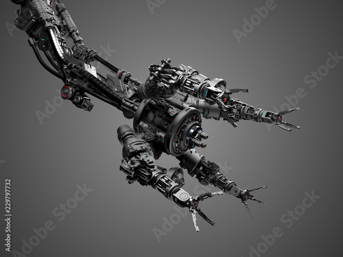 Mechanical hand or futuristic robotic arm isolated on gray background. 3D Render