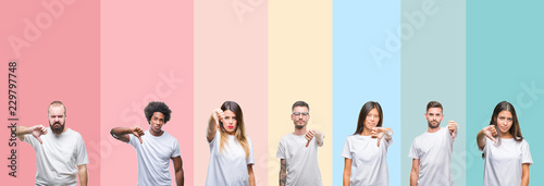 Collage of different ethnics young people wearing white t-shirt over colorful isolated background looking unhappy and angry showing rejection and negative with thumbs down gesture. Bad expression.