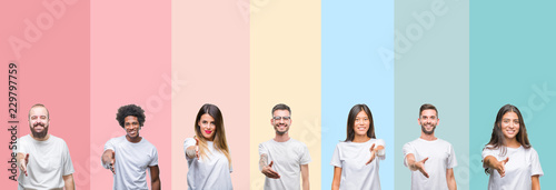 Collage of different ethnics young people wearing white t-shirt over colorful isolated background smiling friendly offering handshake as greeting and welcoming. Successful business.