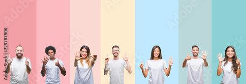 Collage of different ethnics young people wearing white t-shirt over colorful isolated background showing and pointing up with fingers number six while smiling confident and happy.