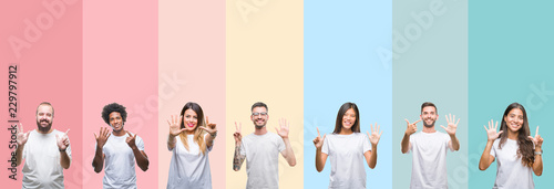 Collage of different ethnics young people wearing white t-shirt over colorful isolated background showing and pointing up with fingers number seven while smiling confident and happy. photo