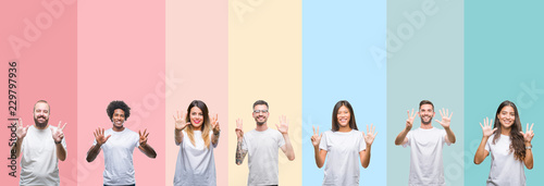 Collage of different ethnics young people wearing white t-shirt over colorful isolated background showing and pointing up with fingers number eight while smiling confident and happy.