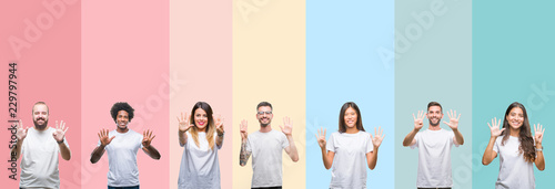Collage of different ethnics young people wearing white t-shirt over colorful isolated background showing and pointing up with fingers number nine while smiling confident and happy.