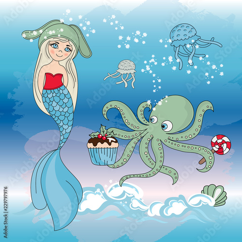 OCTOPUS REGALE MERMAID New Year Color Vector Illustration Set