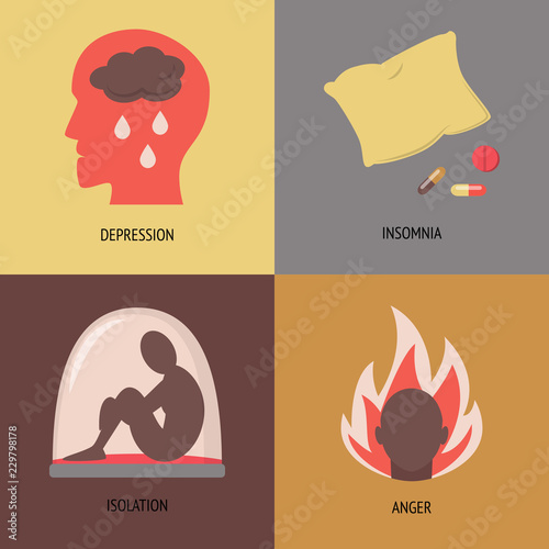 Set of depression symptoms icons in flat style