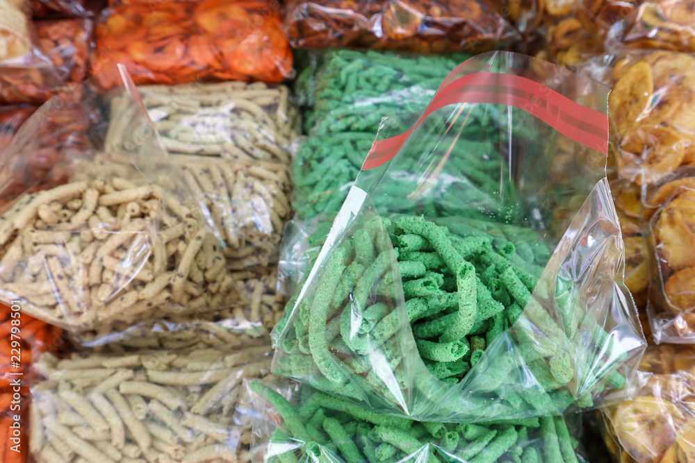 Fototapeta premium Snack (Botanas) for Sale at Market in Mexico City (Close-up)