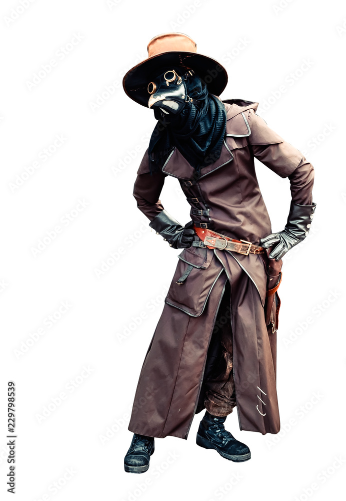 Plague doctor brown leather costume isolated