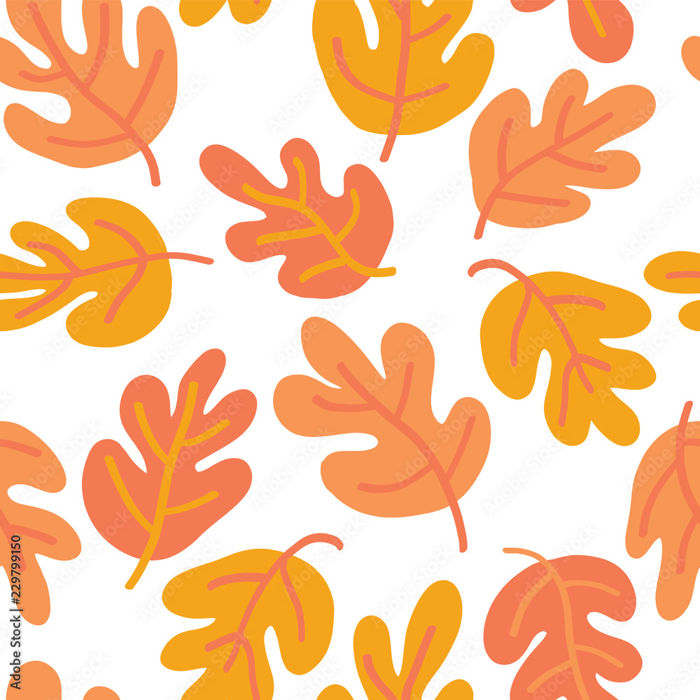 Vector seamless Autumn pattern of fall leaves. Oak leaf seaonal background red, yellow, gold, and white for textile, digital paper, wallpaper, web banner, invitation, Thanksgiving, page fill, card