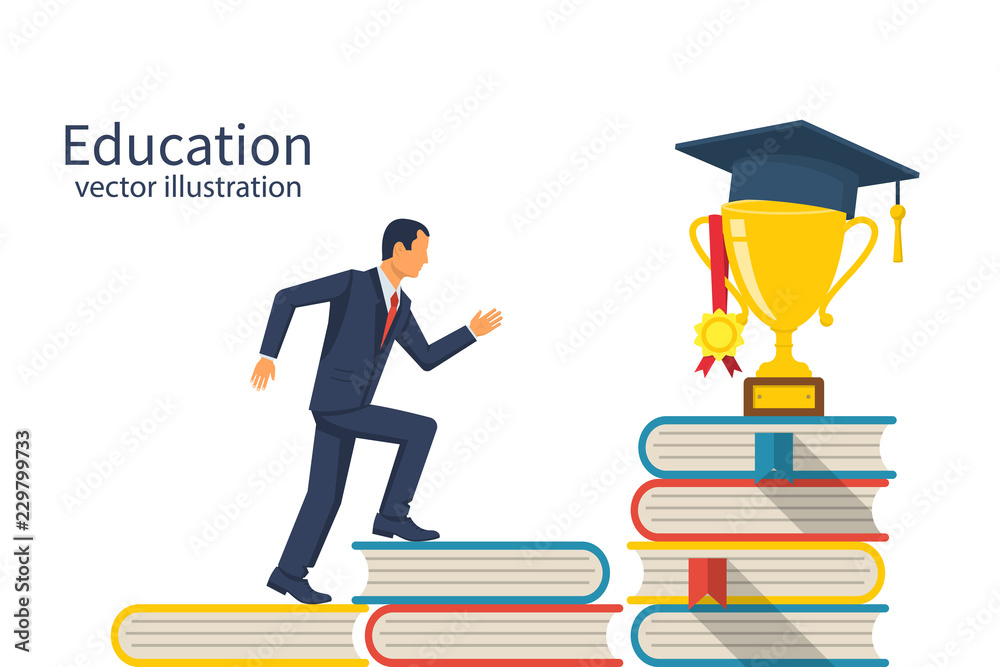 Education ladder concept. Young man goes to the top of the piles of books. Cup with an academic cap and a medal on top. Achievement goals in learning and success. Stairs knowledge. Education ladder concept. Young man goes to the top of the piles of books. Cup with an academic cap and a medal on top. Achievement goals in learning and success. Stairs knowledge.