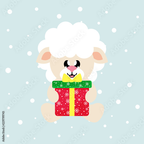 cartoon cute sheep white sitting with christmas gift