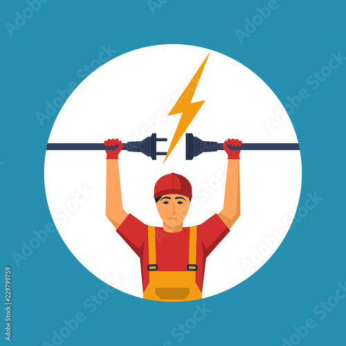 Professional electrician icon. Electrical outlet and plug in the hands of the worker. Unplug, plugged socket. Vector illustration flat design. Connecting power plug. Isolated on background. 