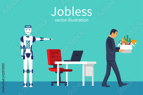 Jobless concept. Robot came to replace man. Competition for workplace. Versus strong robot with man. High productivity of modern technology. Vector illustration flat design. Isolated on background.