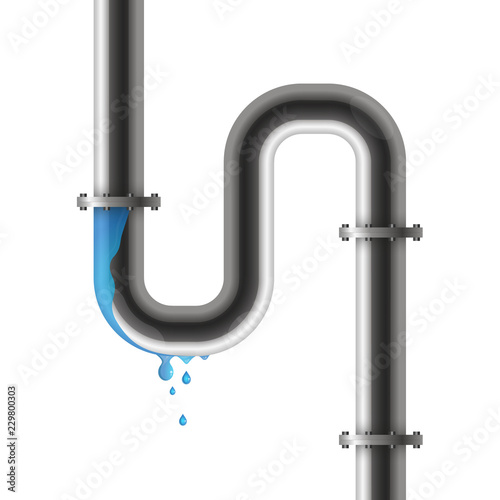 Crack in a water pipe with water drops