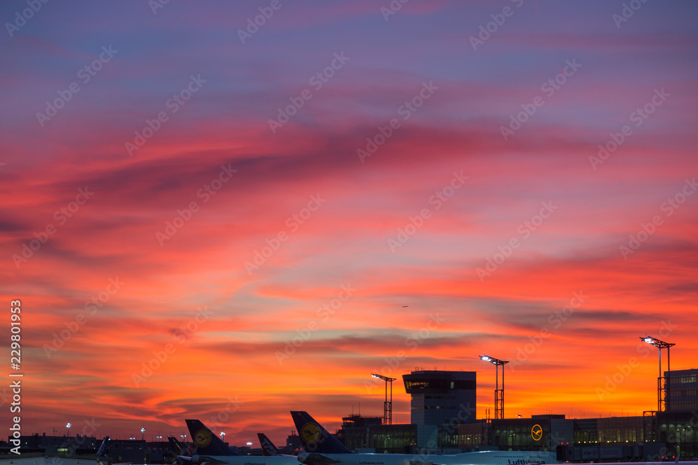 Airport Frankfurt Main, Hessen, Germany, September 2018, sunset sky over the airport of Frankfurt Intl.  