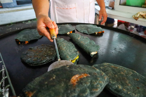 Mexican Street Food Served Up - Tlacoyos, Quesadillas, Gorditas made with Blue Corn Masa photo