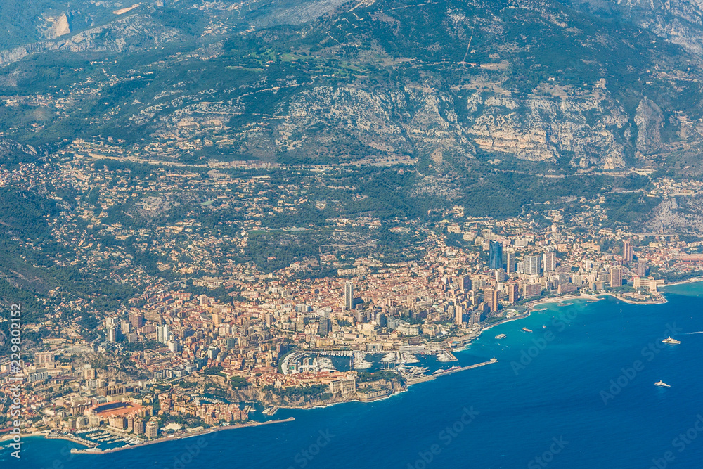 coastline and skyline of Monaco - French Riviera -Côte d’Azur - aerial view