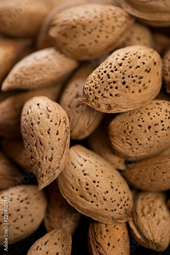 Close-up of unpeeled almond nuts, selective focus, vertical shot