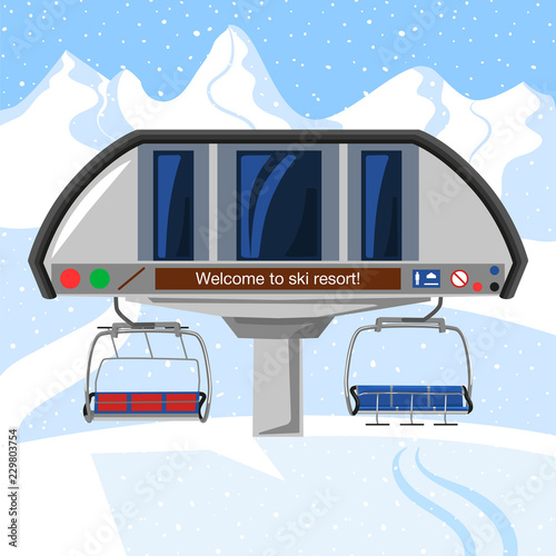 Ski resort vacation, ski lift station. Winter outdoor holiday activity sport in alps, landscape with winter mountain view. Ski resort Infographic