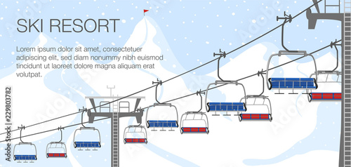 Ski resort vacation, ski lift. Winter outdoor holiday activity sport in alps, landscape with winter mountain view. Template for ski resort flyer advertising. Web banner background