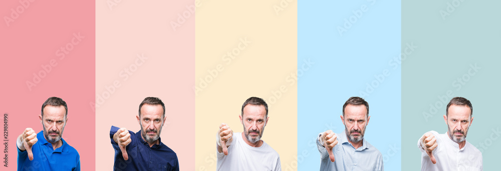 Fototapeta premium Collage of senior hoary handsome man over colorful stripes isolated background looking unhappy and angry showing rejection and negative with thumbs down gesture. Bad expression.