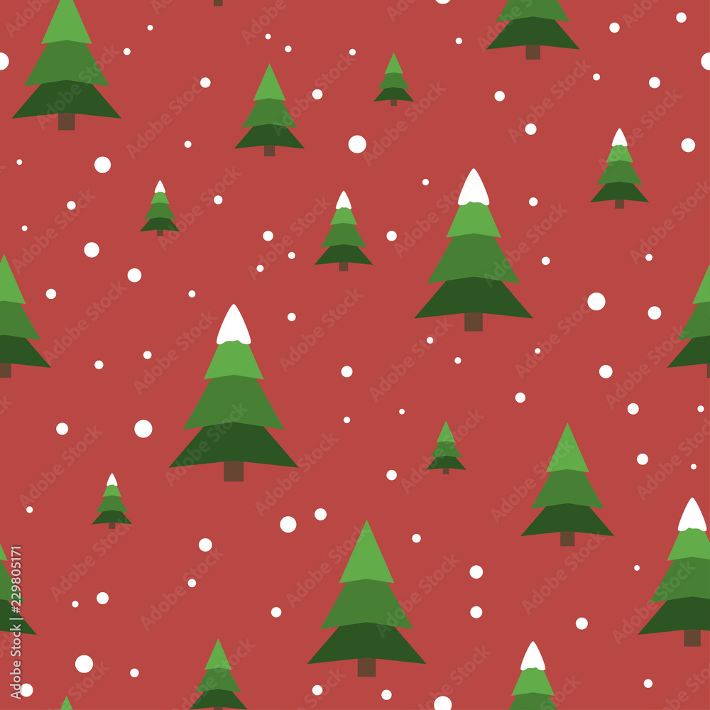 Seamless pattern with green trees and snowflakes on a red background. Vector.