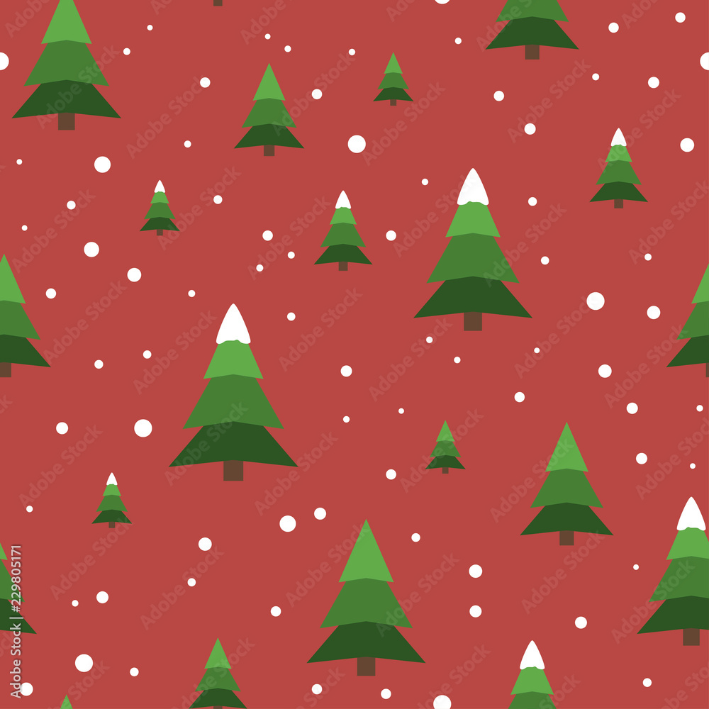 Obraz premium Seamless pattern with green trees and snowflakes on a red background. Vector.