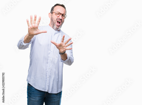 Middle age hoary senior man wearing glasses over isolated background afraid and terrified with fear expression stop gesture with hands, shouting in shock. Panic concept.