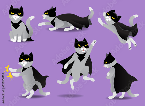 Set of superhero cat in black mask and cloak  different emotions  situations  super hero kitten fly  fight  vector illustration in flat style
