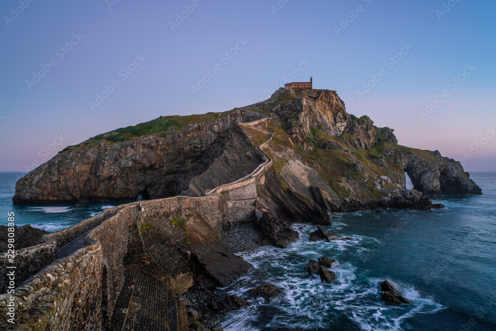 Gaztelugatxe hermitage under the light of the moon at dawn, Basque Country