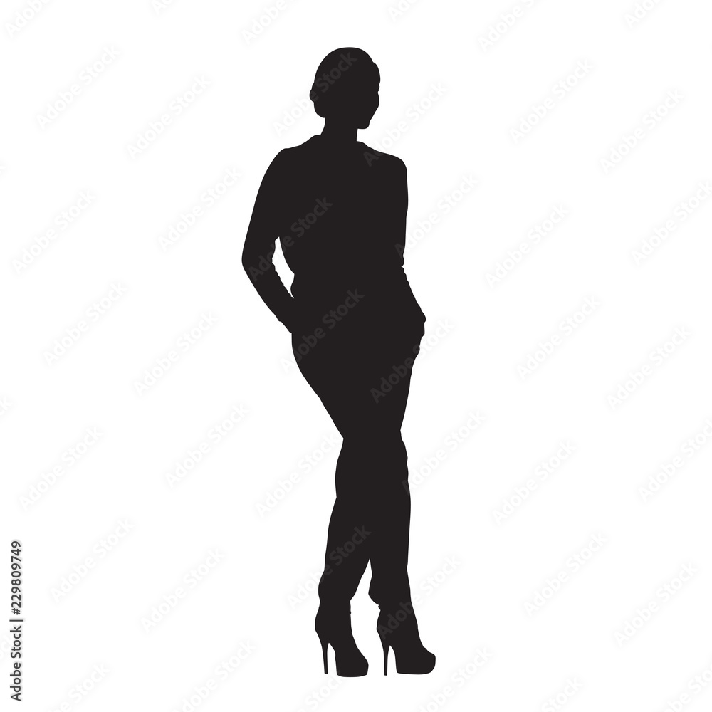 Businesswoman standing with hands in pockets, isolated vector silhouette