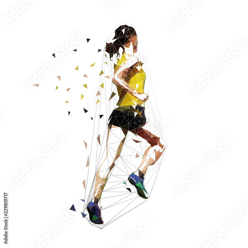 Running woman in yellow shirt and black shorts, isolated low polygonal vector illustration