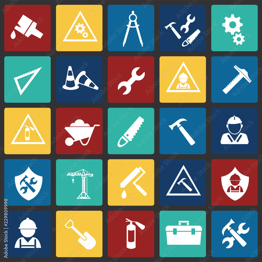 Tools and Construction set on color squares flat background icons Tools and Construction set on color squares flat background icons