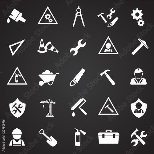 Tools and Construction set on black background icons