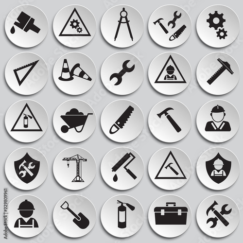 Tools and Construction set on plates white background icons
