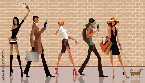 Four women and a man using mobile phones at a sidewalk