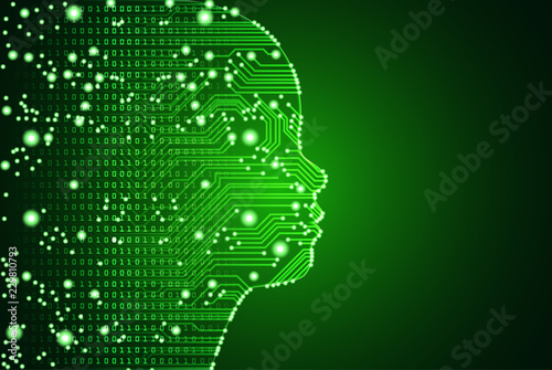 Big data and artificial intelligence concept. Machine learning and cyber mind education concept in form of child face outline with circuit board and binary data flow on green background.