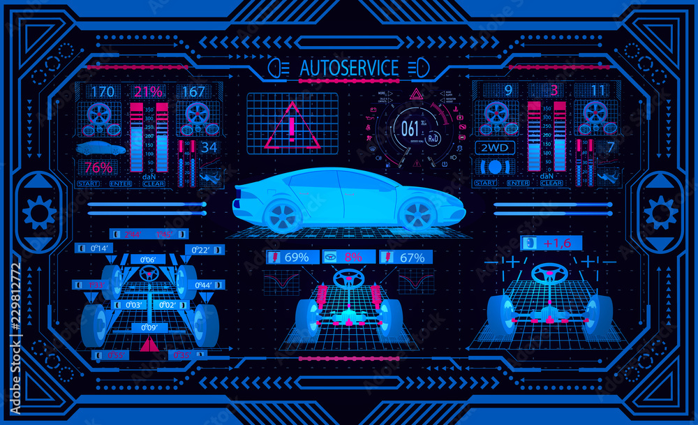 Car service. Graphic interface in a stylized frame. Diagnostic ...