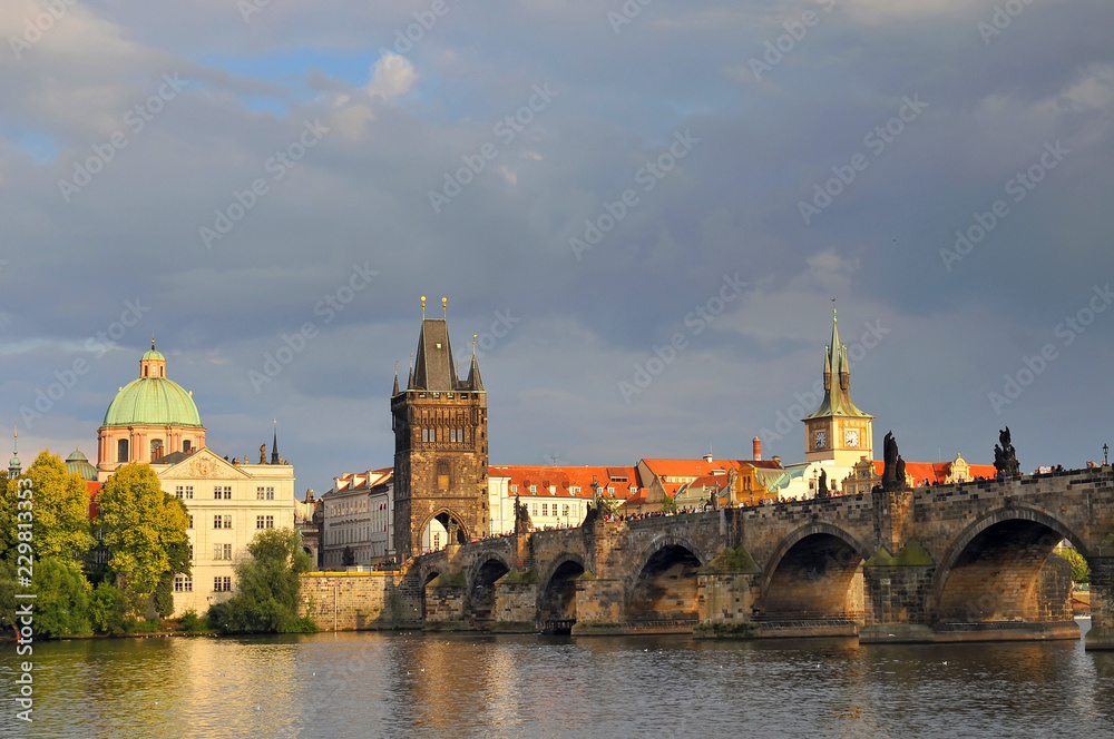 View of Charles bridge and Vltava river in Prague, Czech Republic.