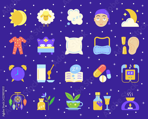 Insomnia simple flat color icons vector set