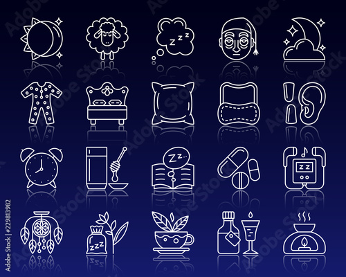Insomnia simple white line icons vector set