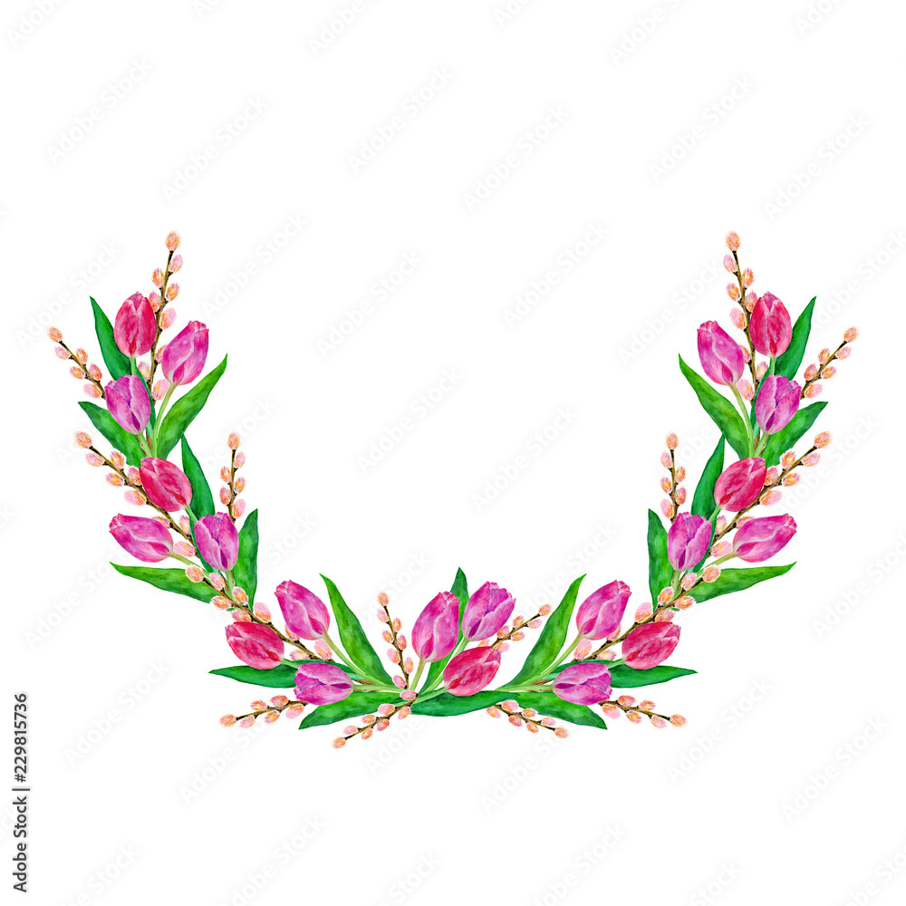 Watercolor hand drawn floral wreath isolated on white background. Can be used for wedding invitations, greeting cards, save the date invitation, prints, postcards. Frame for your text.