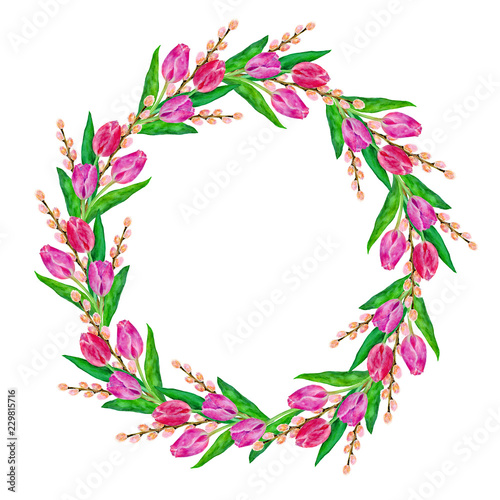Frame  wreath with tulips and branches. Watercolor hand drawn illustration isolated on white background.