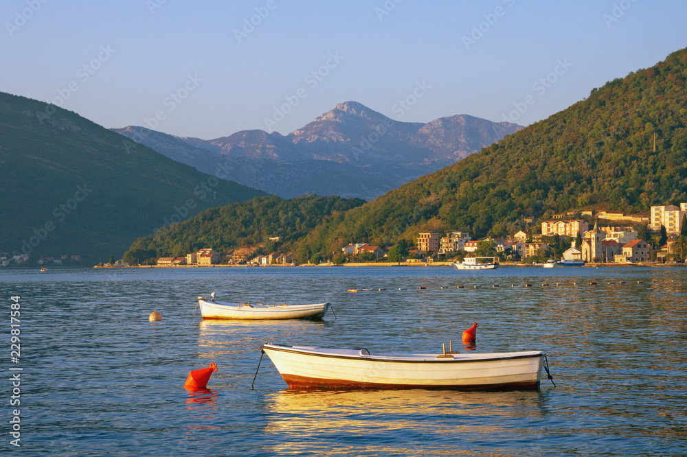 Beautiful Mediterranean landscape with two fishing boats on the water.  Montenegro, Adriatic Sea, view of Bay of Kotor near Tivat city
