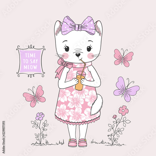 Cute cat girl. Little kitty drinking juice. Vector illustration for children print design
