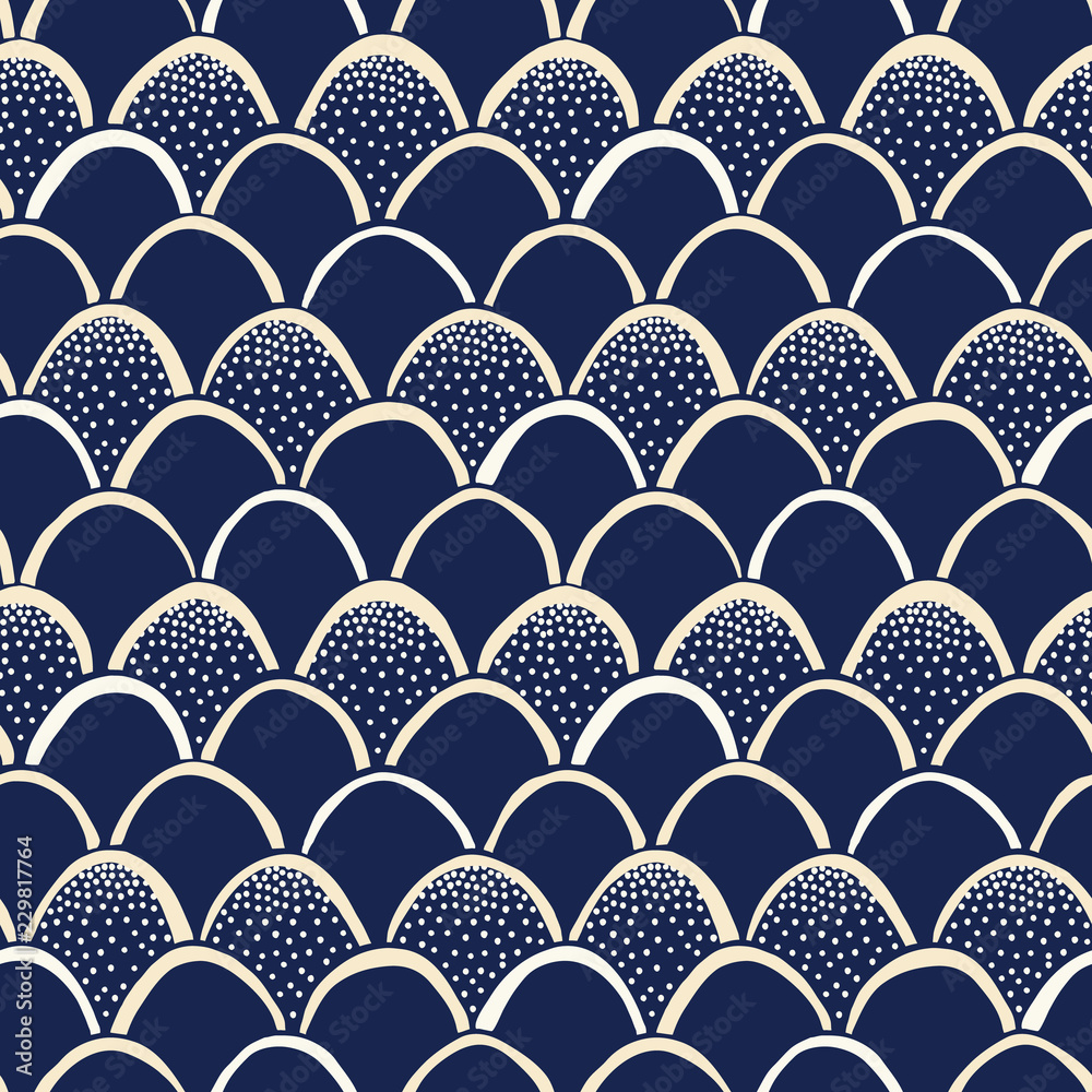 Indigo HandDrawn Japanese Style Fishscale Vector Seamless Pattern. Katazome Resist Dyed Print